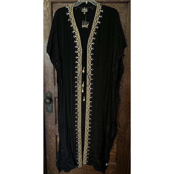 Asa Kaftans Black Gold Beading Halter Dress w/ Double Tie Front Robe Sz L / XL - Picture 10 of 16